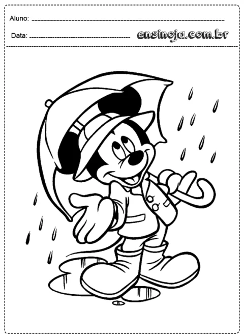Desenho para colorir do Mickey Mouse com guarda-chuva em um dia chuvoso.