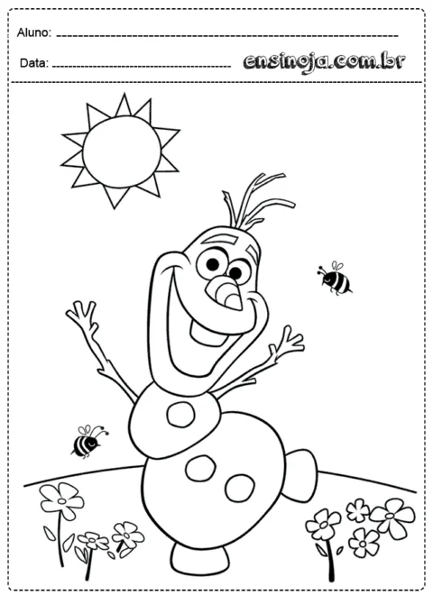 Desenho para colorir do personagem Olaf em um cenário com flores e abelhas.
