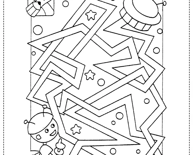Desenho para colorir de um robô e um disco voador em um labirinto.