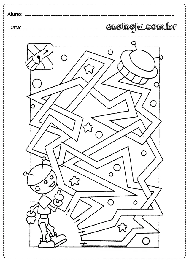 Desenho para colorir de um robô e um disco voador em um labirinto.