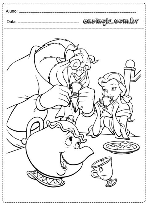 Desenho para colorir com personagens da história A Bela e a Fera, incluindo a Bela, a Fera e objetos encantados.