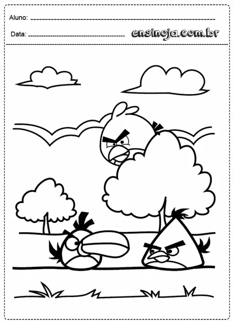 Desenho para colorir com personagens de Angry Birds em um cenário natural.