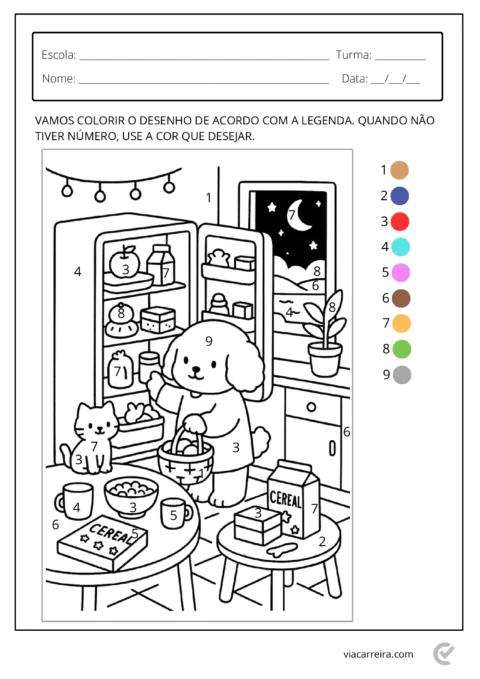 Desenho de um cachorro e um gato em uma cozinha com uma geladeira cheia de alimentos.