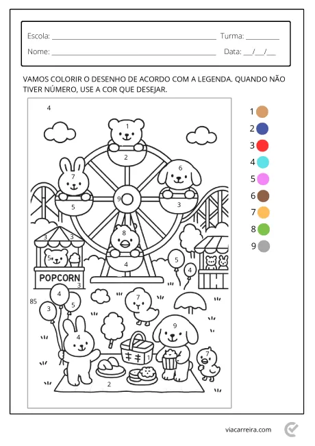 Desenho em preto e branco de uma roda gigante com animais e uma área de piquenique.