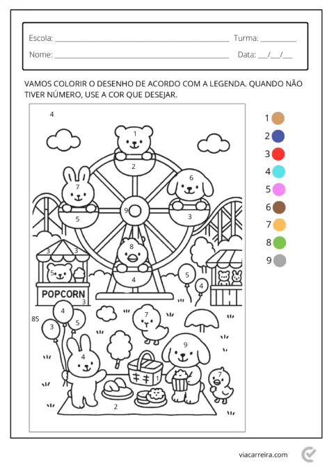 Desenho em preto e branco de uma roda gigante com animais e uma área de piquenique.
