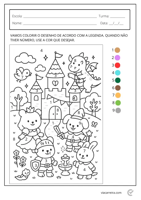 Desenho em preto e branco de um castelo com personagens como um urso, um dragão e um pássaro, com números para colorir.