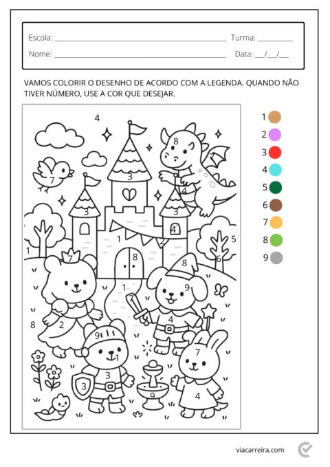Desenho em preto e branco de um castelo com personagens como um urso, um dragão e um pássaro, com números para colorir.