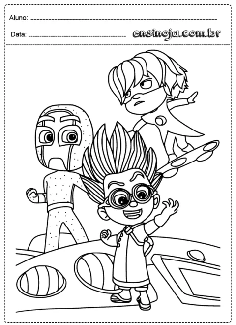 Desenho para colorir com três personagens de desenho animado em um cenário divertido.