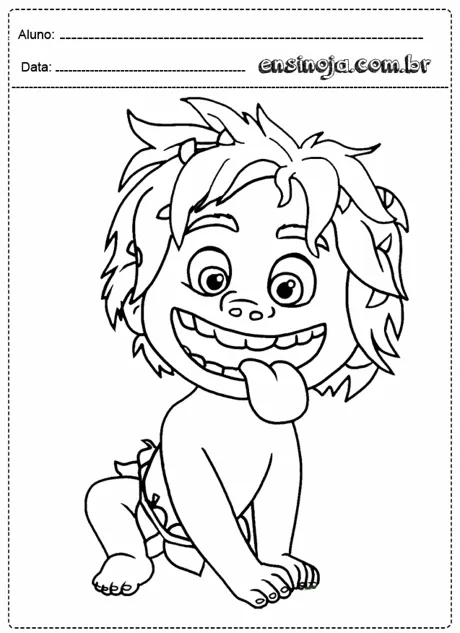 Desenho de uma criança sorridente com cabelo bagunçado, sentado e mostrando a língua.