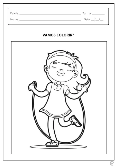 Criança sorridente pulando corda, em um desenho para colorir.