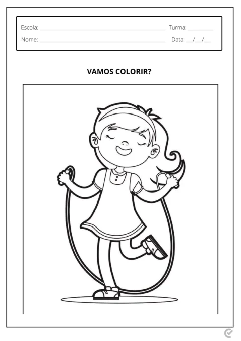 Criança sorridente pulando corda, em um desenho para colorir.