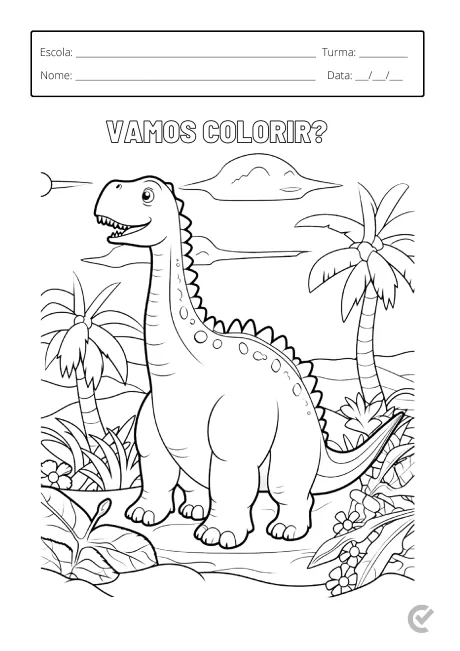 Desenho em preto e branco de um dinossauro em um ambiente tropical com palmeiras e montanhas ao fundo.