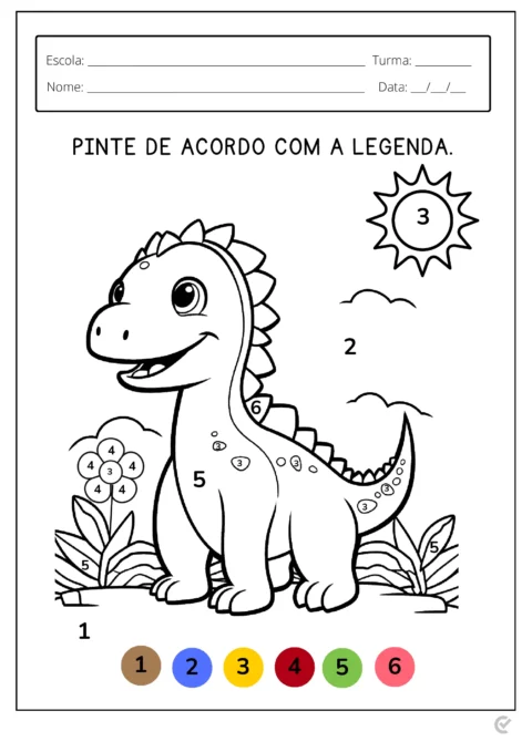 Desenho de um dinossauro sorridente em um cenário natural, com números para colorir de acordo com a legenda.