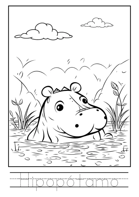 Desenho em preto e branco de um hipopótamo em um lago com vegetação ao redor.