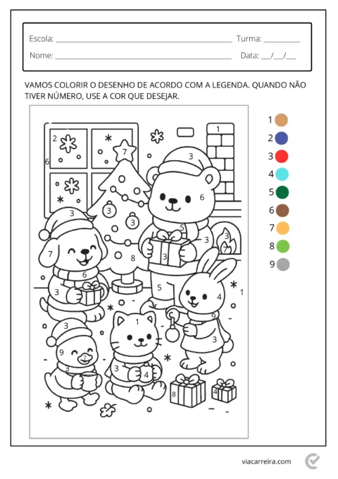 Desenho em preto e branco de animais celebrando o Natal, incluindo um urso, um coelho e uma árvore de Natal.