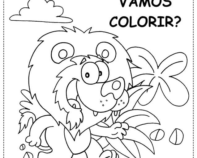 Desenho de um leão divertido caminhando em um cenário tropical, pronto para ser colorido.