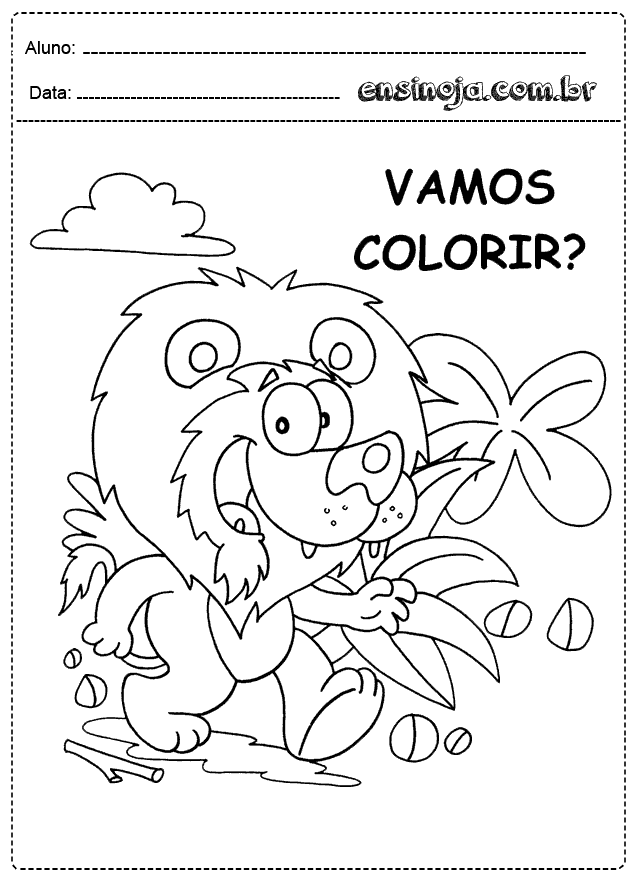 Desenho de um leão divertido caminhando em um cenário tropical, pronto para ser colorido.