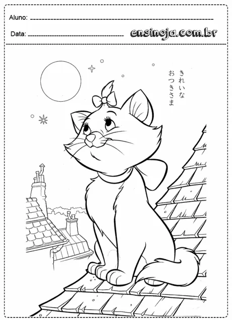 Desenho de um gato sentado em um telhado sob a lua.