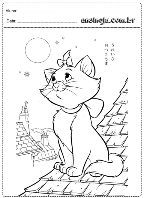 Desenho de um gato sentado em um telhado sob a lua.