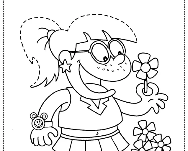 Desenho para colorir de uma menina segurando flores.