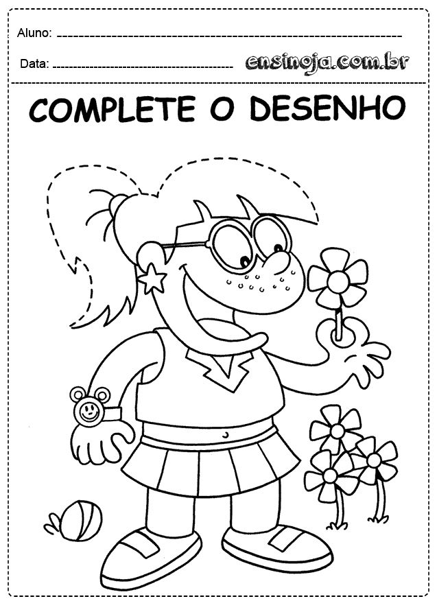 Desenho para colorir de uma menina segurando flores.