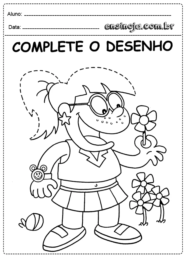 Desenho para colorir de uma menina segurando flores.