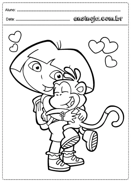 Desenho para colorir de uma menina abraçando um macaco, com corações ao fundo.