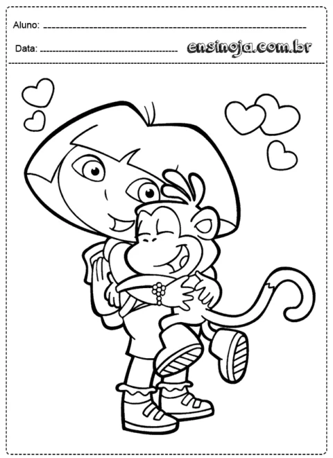 Desenho para colorir de uma menina abraçando um macaco, com corações ao fundo.