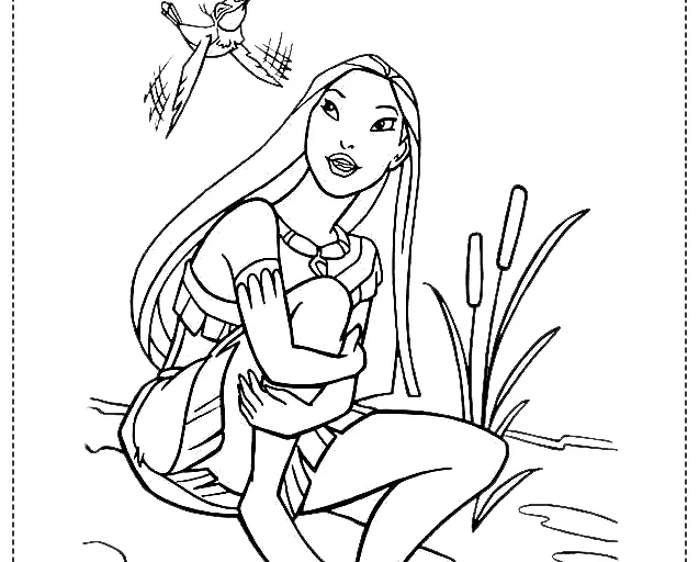Desenho para colorir de uma mulher sentada à beira de um rio com um pássaro voando.