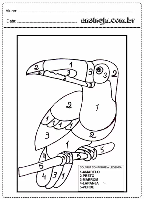 Desenho de um tucano para colorir, com números indicando as cores.
