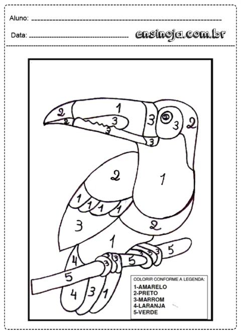 Desenho de um tucano para colorir, com números indicando as cores.