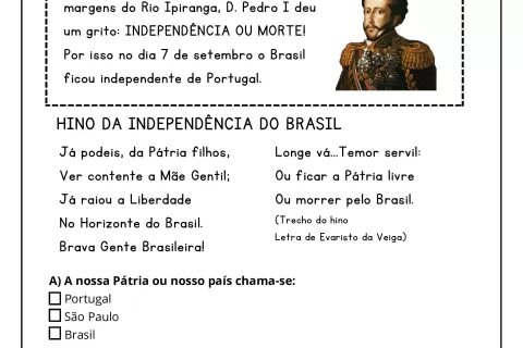 Atividade educacional sobre o Dia da Independência do Brasil, com perguntas e informações sobre Dom Pedro I.