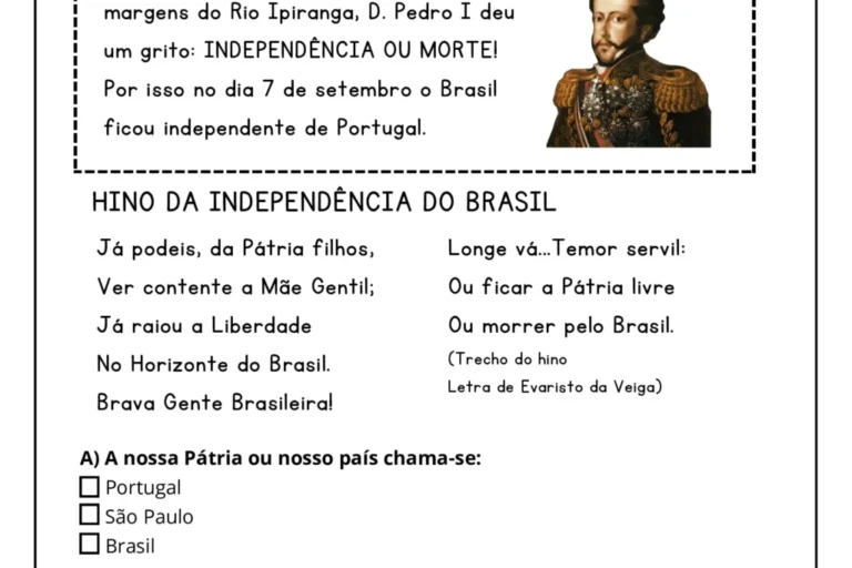 Atividade educacional sobre o Dia da Independência do Brasil, com perguntas e informações sobre Dom Pedro I.