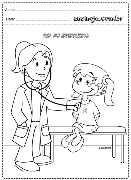Desenho de uma enfermeira examinando uma criança em um consultório.