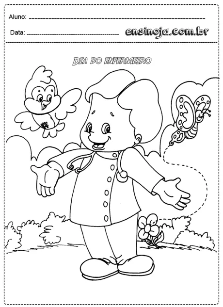 Desenho de um enfermeiro com um pássaro e uma borboleta ao fundo, comemorando o Dia do Enfermeiro.