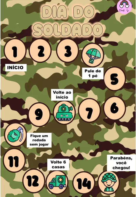 Jogo educativo sobre o Dia do Soldado com um tabuleiro em fundo camuflado.