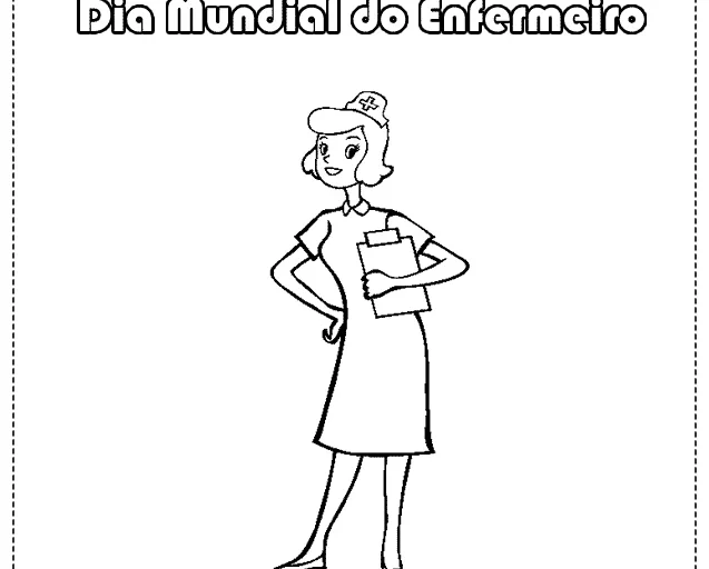 Desenho de uma enfermeira segurando uma prancheta, com o título 'Dia Mundial do Enfermeiro' e a data '12 de Maio'.