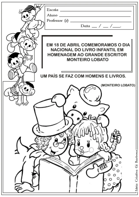 Desenho de crianças e um porquinho lendo um livro em homenagem a Monteiro Lobato.