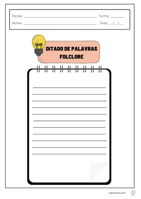 Folha de ditado de palavras com título 'Ditado de Palavras - Folclore' e espaço para escrever.