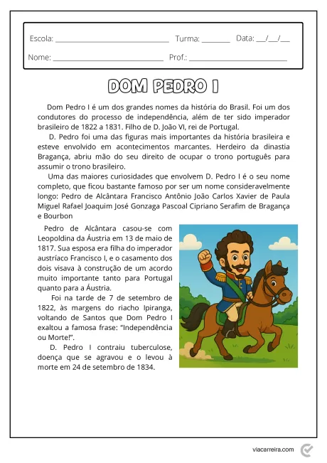 Ilustração de Dom Pedro I, figura histórica do Brasil, com fundo educativo.