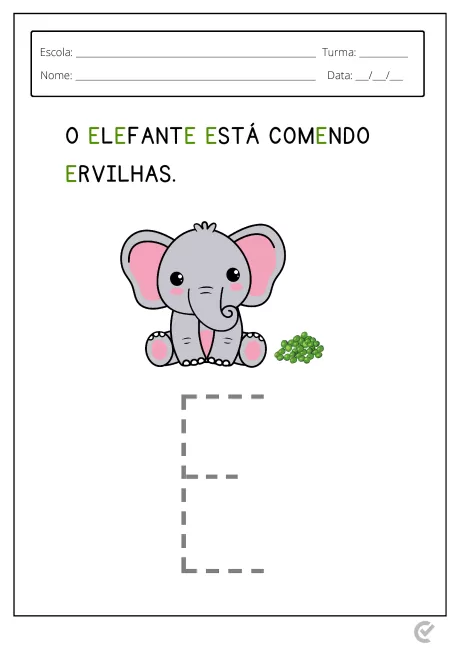 Desenho de um elefante cinza com orelhas rosas sentado ao lado de ervilhas verdes.