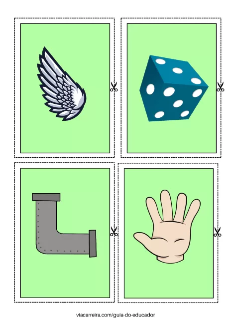 Ilustrações de uma asa, um dado, um cano e uma mão.