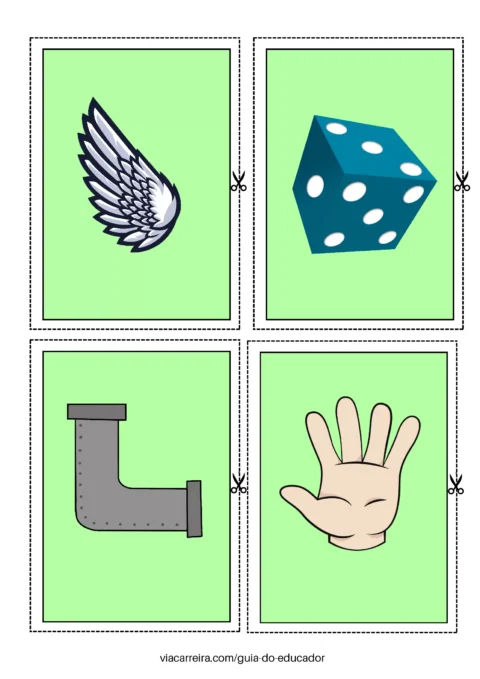 Ilustrações de uma asa, um dado, um cano e uma mão.