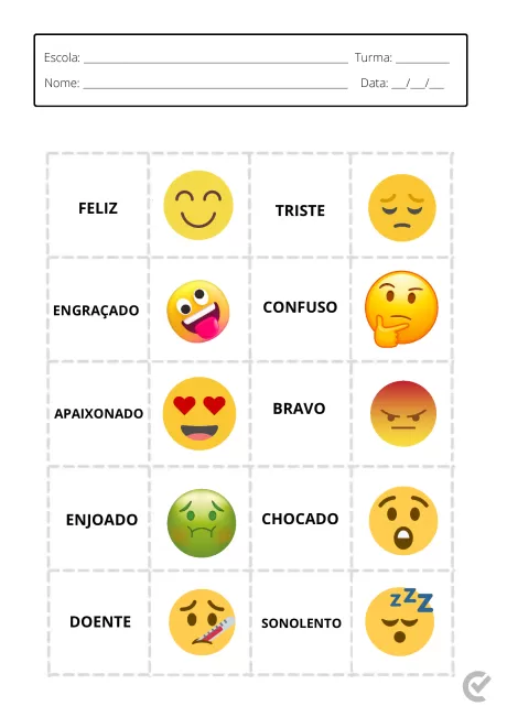Tabela com emojis representando diferentes emoções como feliz, triste, engraçado, confuso, apaixonado, bravo, enjoo, choque, dor e sono.