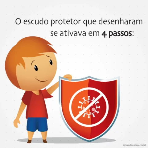 Ilustração de uma criança segurando um escudo com símbolo de proteção contra vírus.