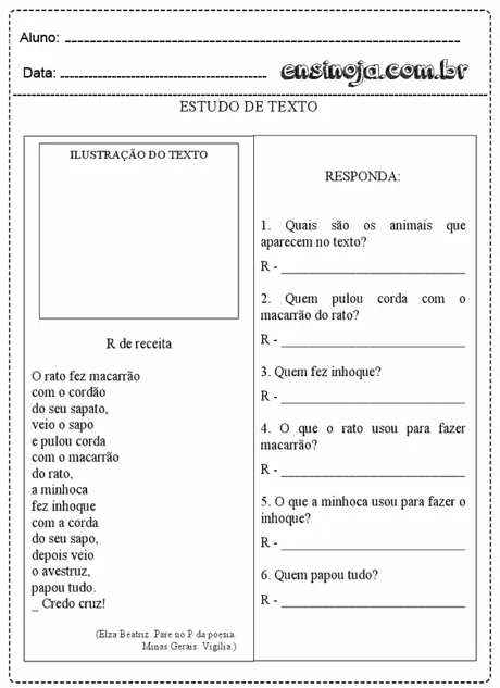 Atividade de estudo de texto com perguntas sobre um poema.