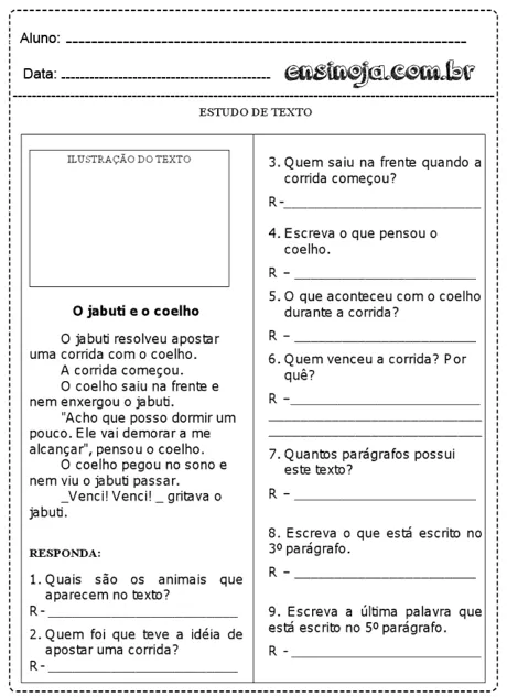 Ilustração do texto 'O jabuti e o coelho' com perguntas sobre a história.