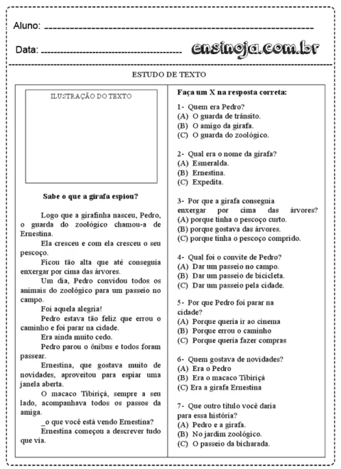 Ilustração do texto sobre a girafa e Pedro, com perguntas sobre a história.