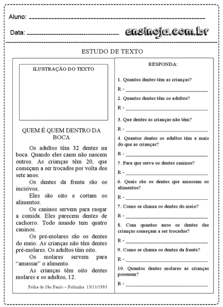 Estudo de texto sobre dentes, com perguntas para os alunos responderem.