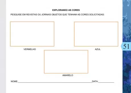 Atividade sobre cores para crianças, com espaços para colar imagens de objetos vermelhos, azuis e amarelos.